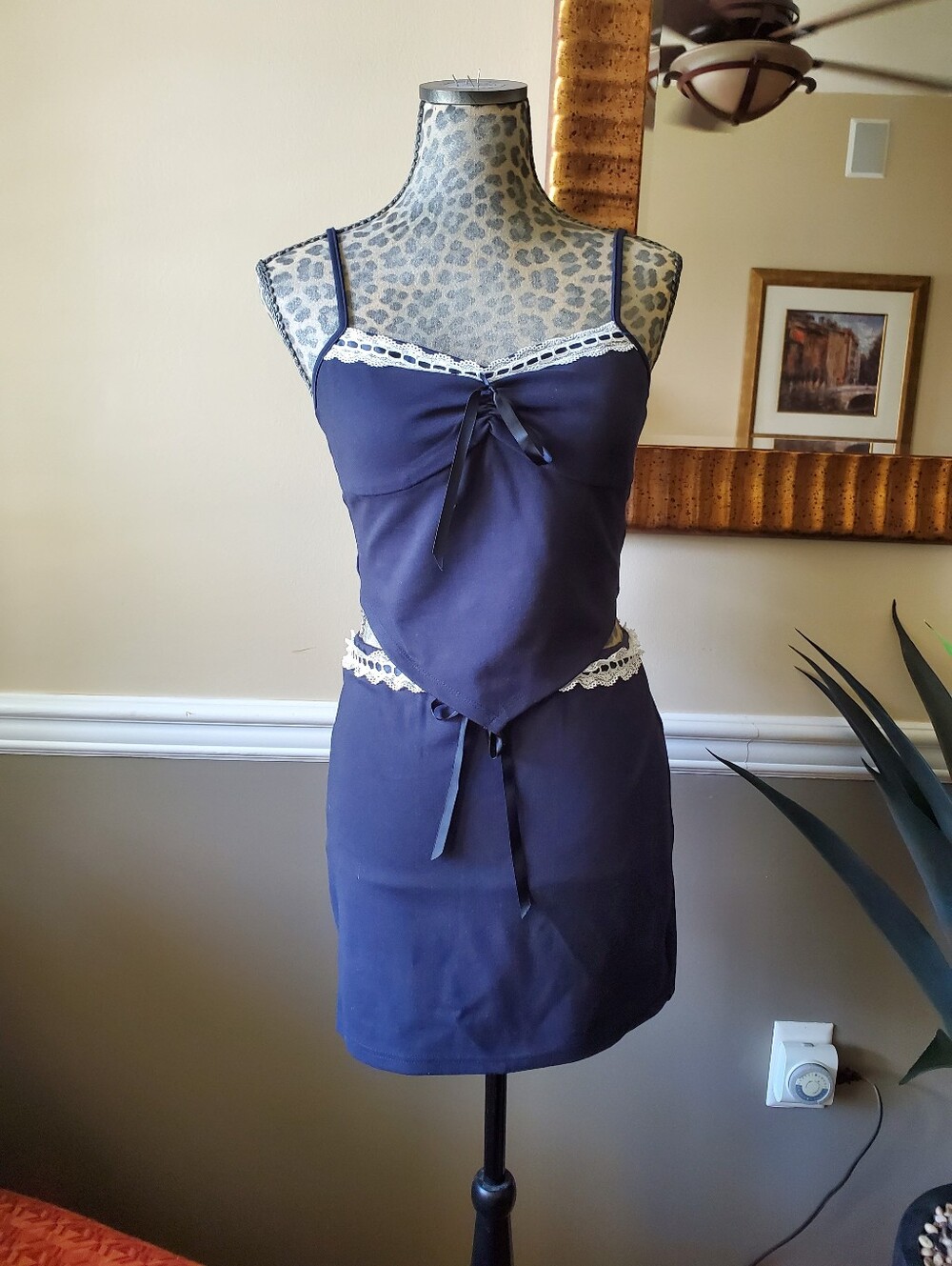 NWT, Navy & Lace Trim Cami Mini Skirt Set